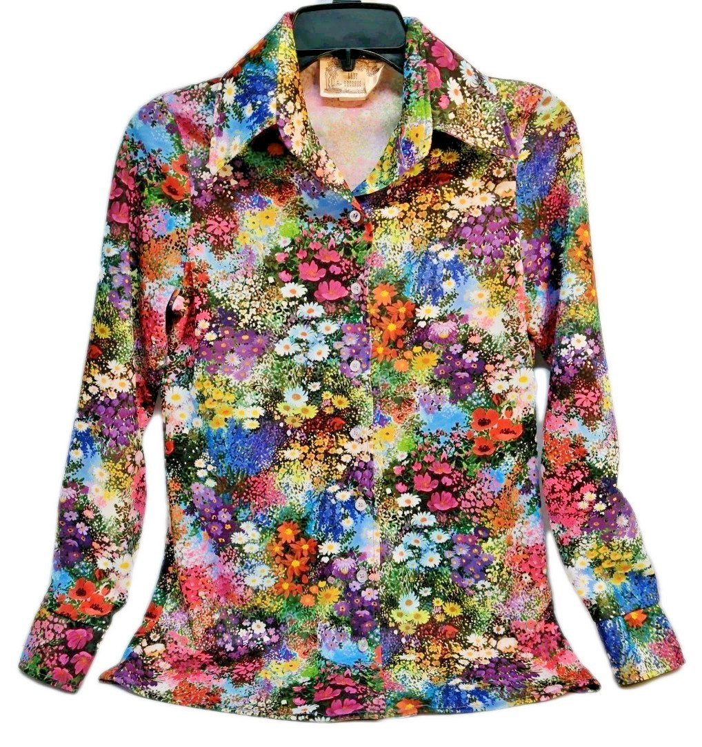 70s VTG Disco Shirt All-Over Floral Pointy Collar by Lady Legends Size 10 (S/M)