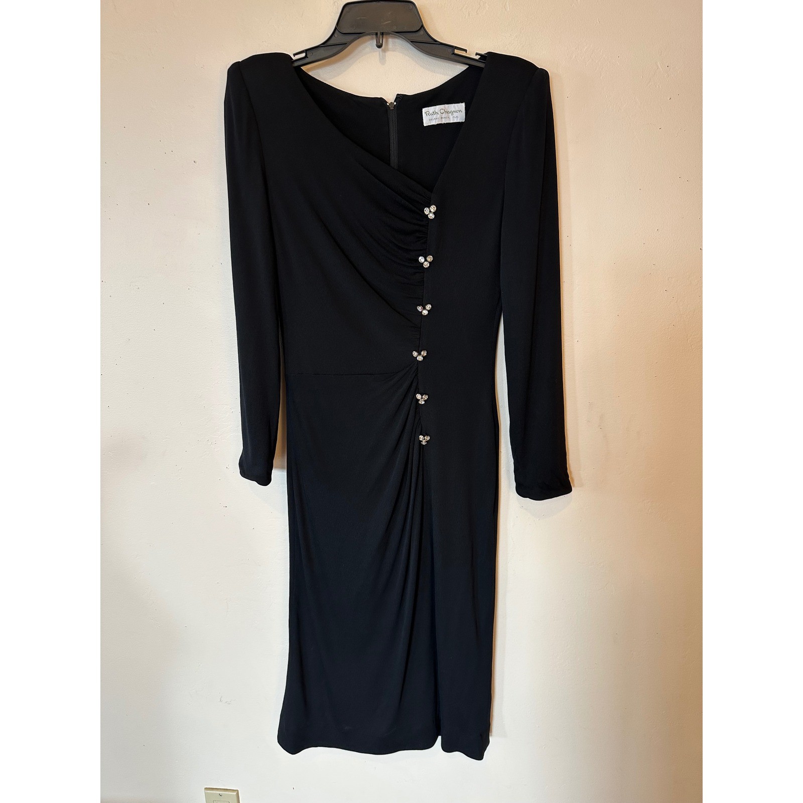 Ruth Chagnon Vintage Black Ruched Midi Dress Rhinestone Embellished Long Sleeve