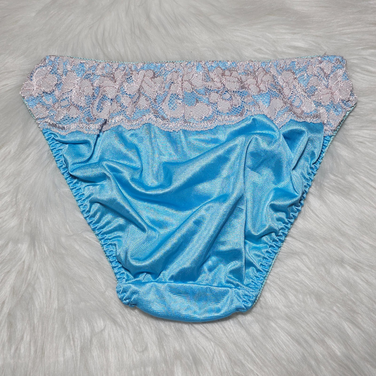 VTG Nylon Satin Panty Silky Blue Bikini Sissy Lace Brief Size Small Hip 32-36″
