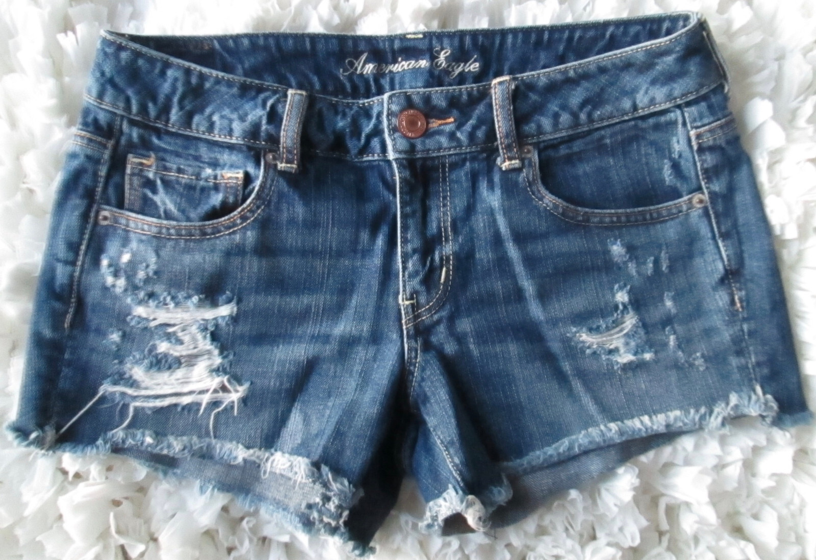 VTG AMERICAN EAGLE BLUE DENIM FRAY SHORTS WOMENS SIZE 8 FREE SHIPPING!