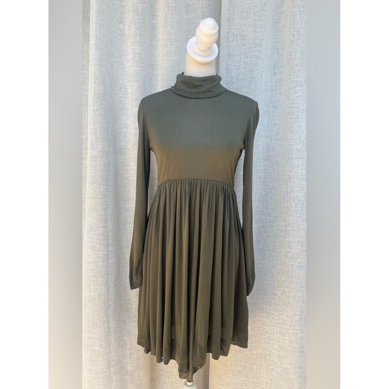 1960s Saks fifth Ave stretchy silk long sleeve moss green mini high neck dress