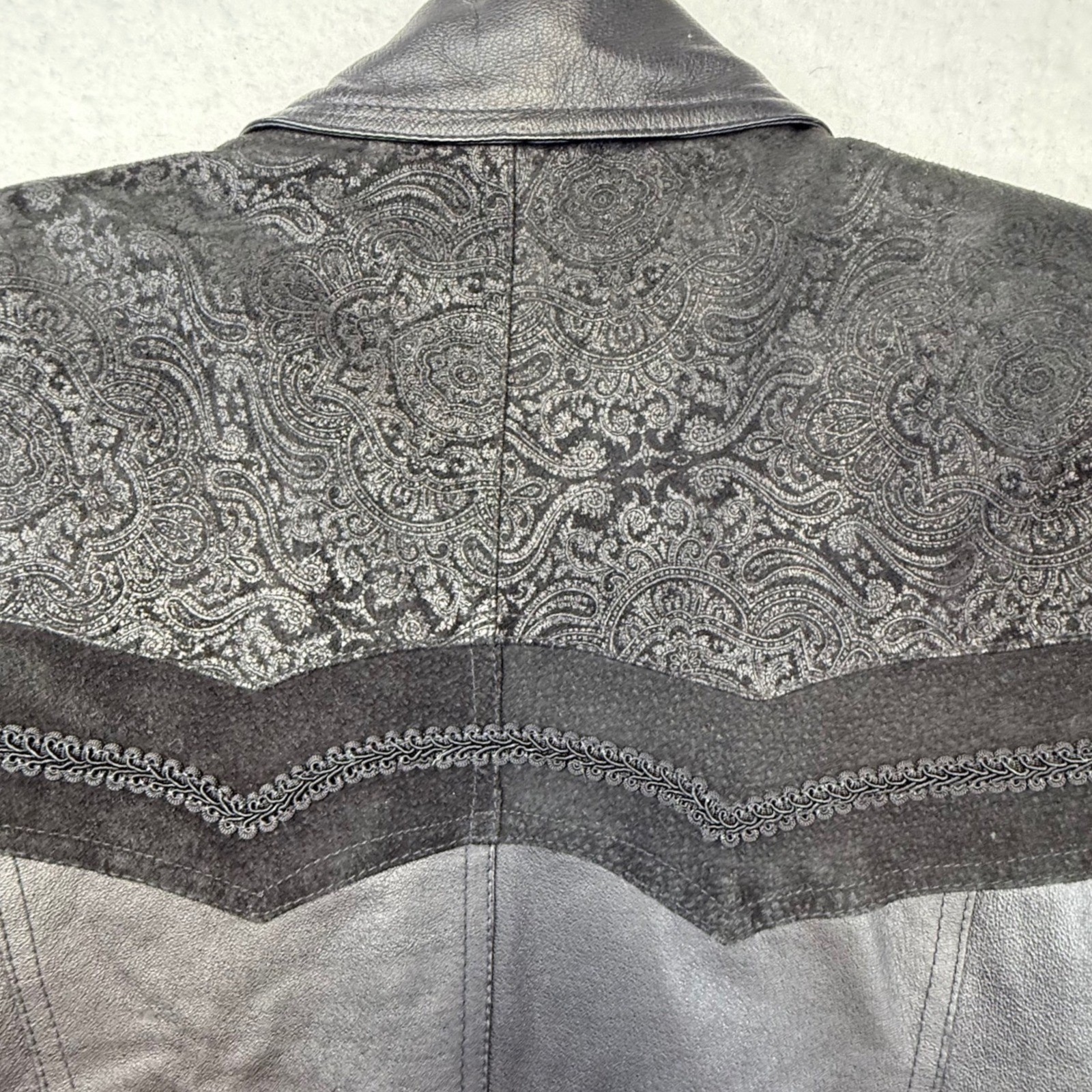 JF Leather Trench Coat Womens Medium Black VTG Retro 90s Lace Trim Western
