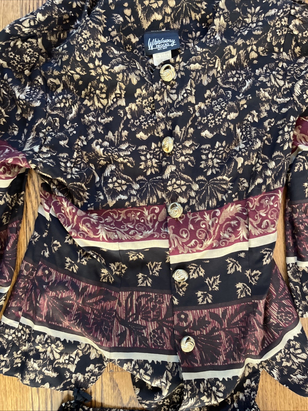 Vintage 1970s Black Floral Boho Puff Sleeve Skirt Set Peasant Gold Buttons Sz 8p