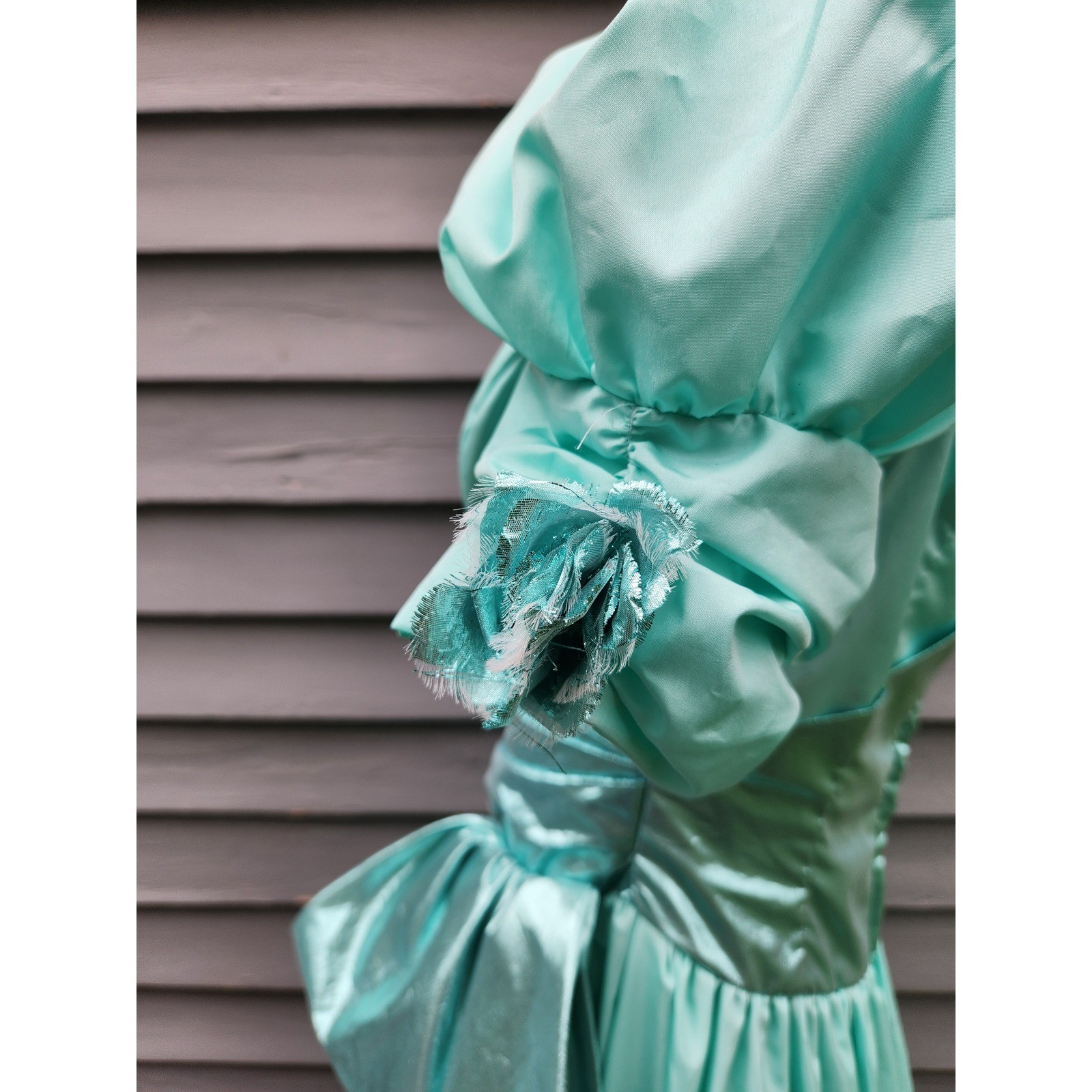Vintage 80s Prom Dress Teal Metallic Lamé Puff Sleeve Maxi Bow Small