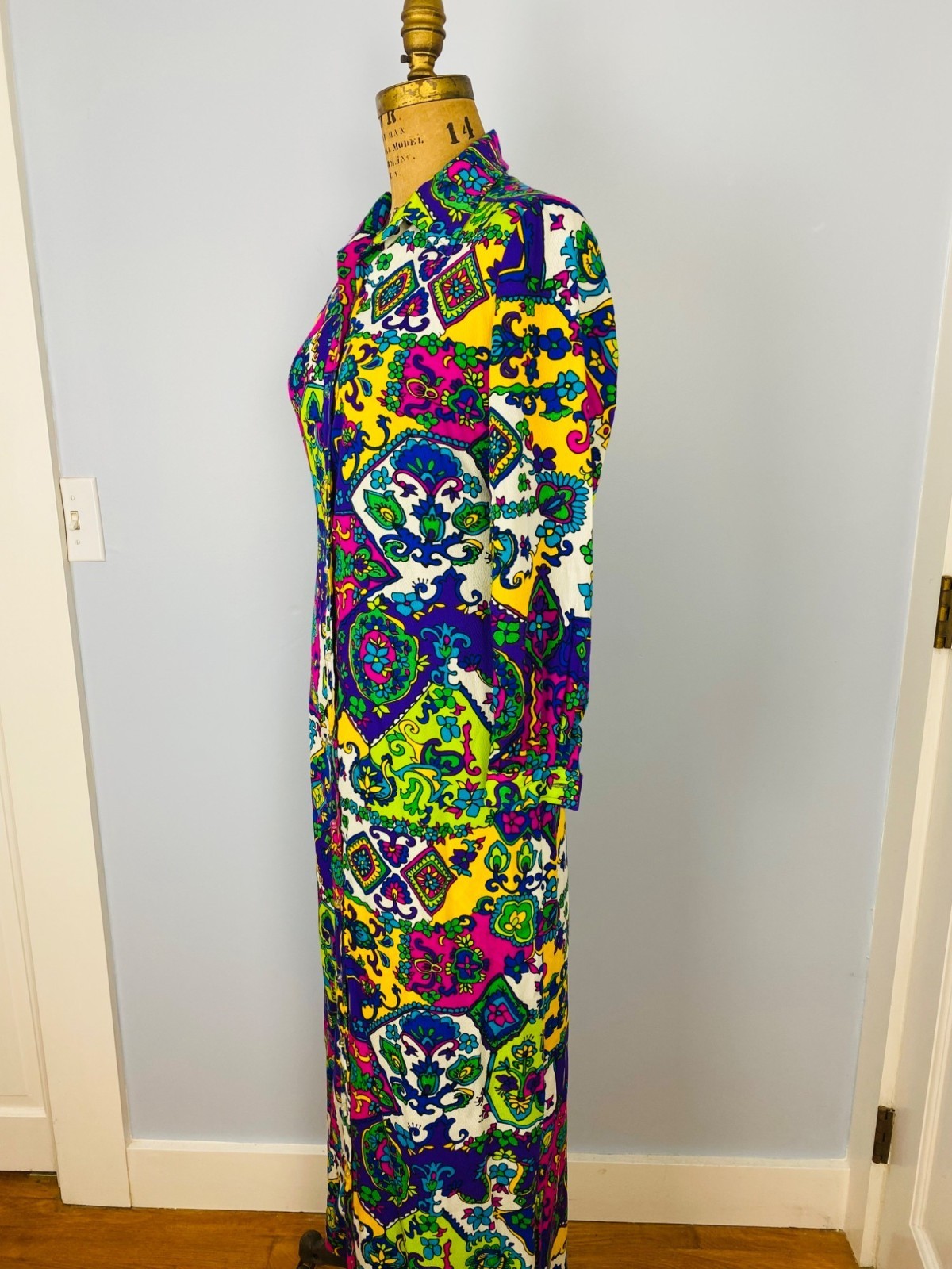 Vintage 1960s Prestige of Boston Colorful Maxi Dress, Size S/M, Button Front