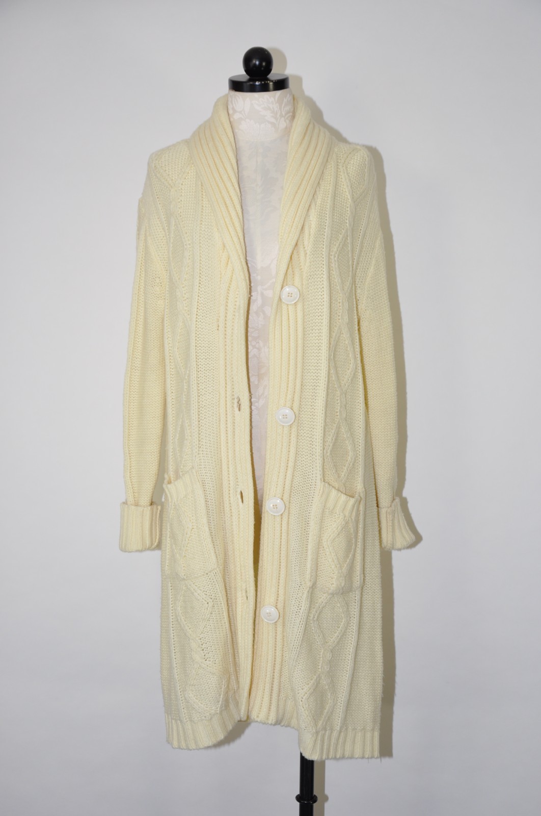 70s Cream Fisherman Cable Knit Shawl Duster Long Cardigan Sweater Coat Women M L