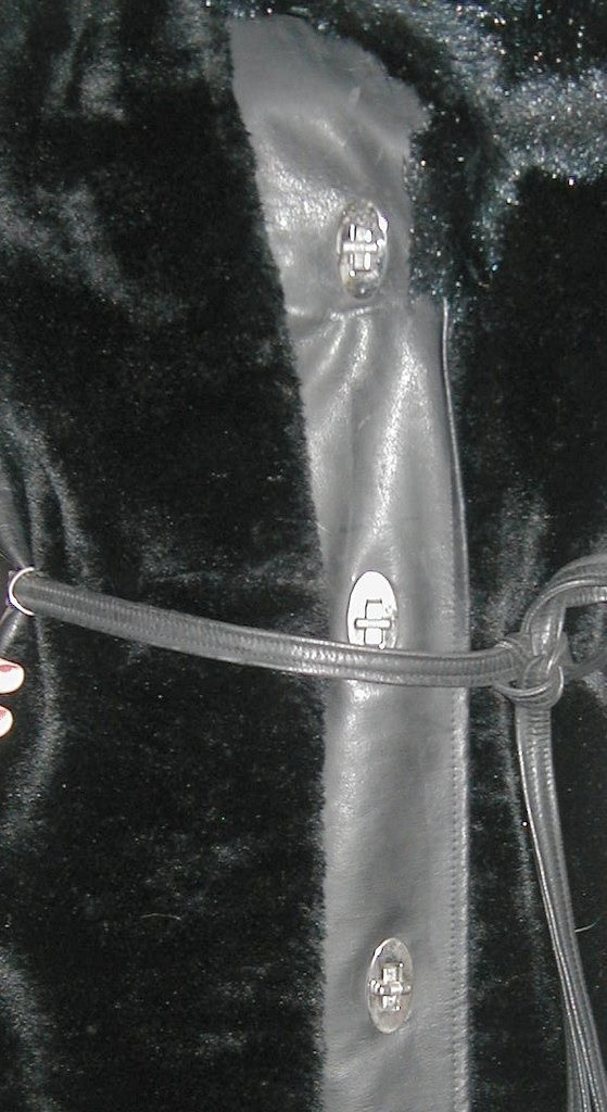 Vintage 1960s BLACK FAUX FUR COAT w/ Faux Leather Trim 40B TWIST LOCK Closures