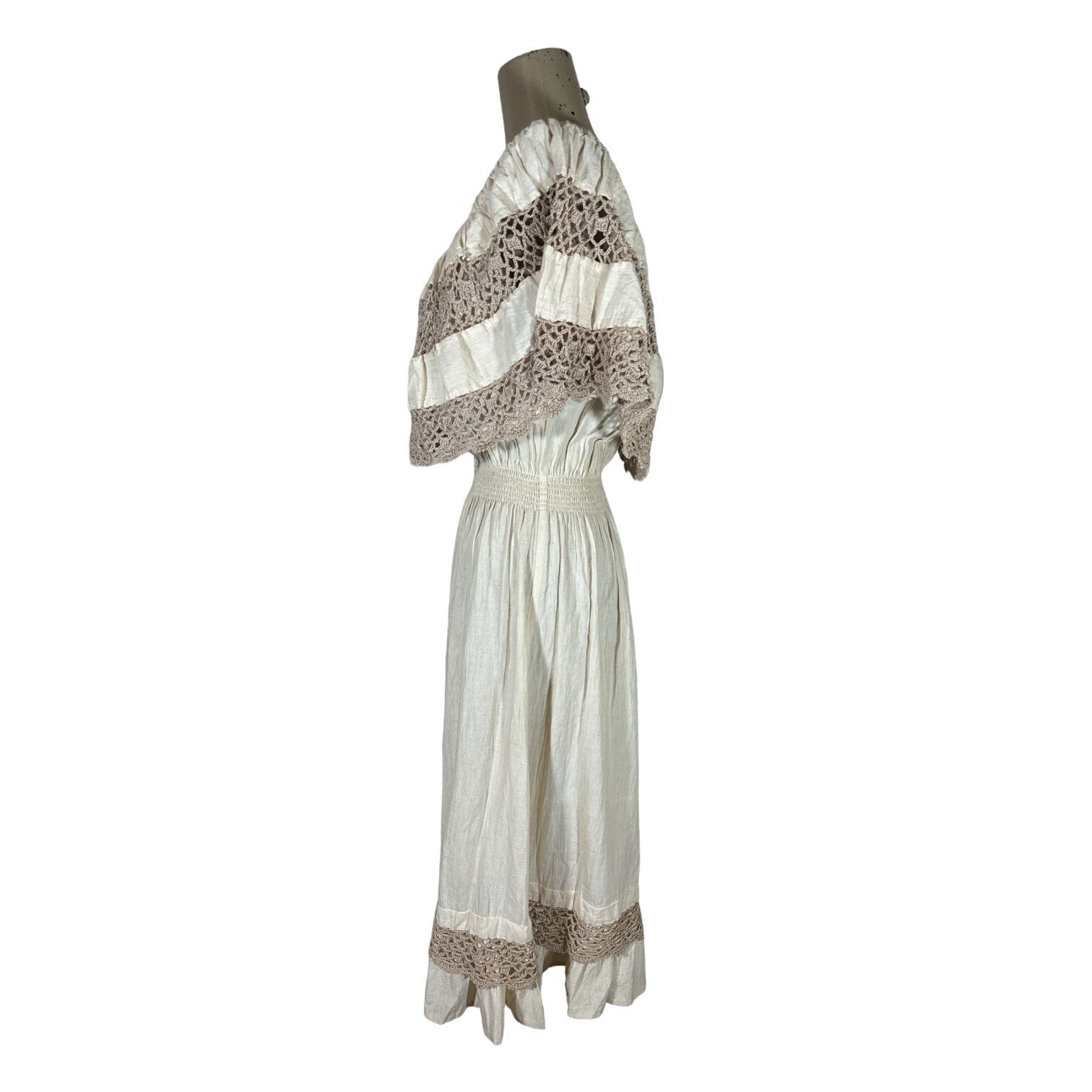 Vintage Monica Richards Boho Mexican Off Shoulder Linen Dress Cottage Ethnic