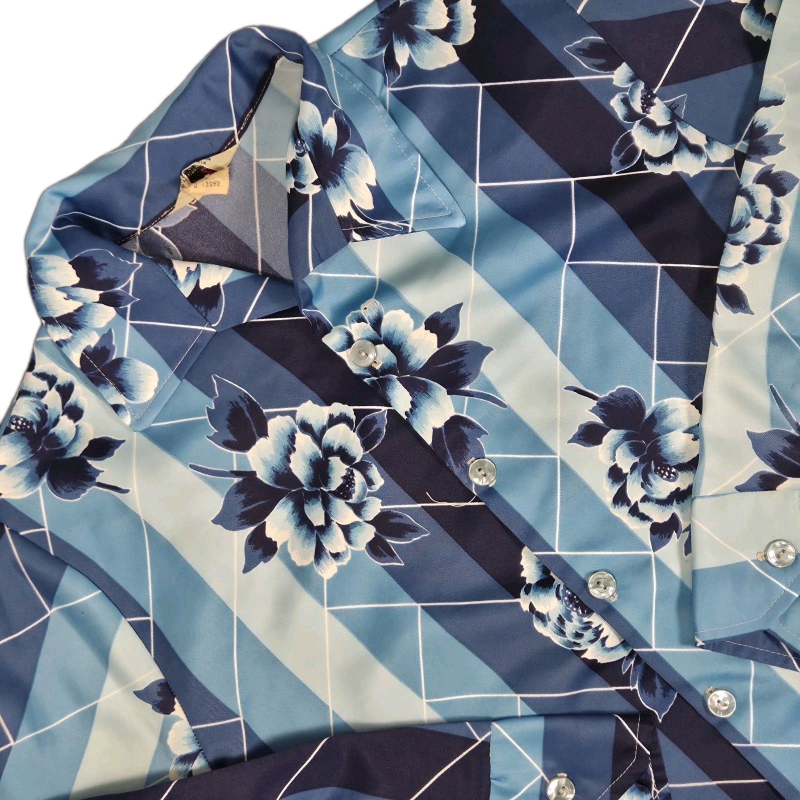 VTG 70s Disco Dagger Collar Polyester Floral Button Down Shirt Mens Medium Blue