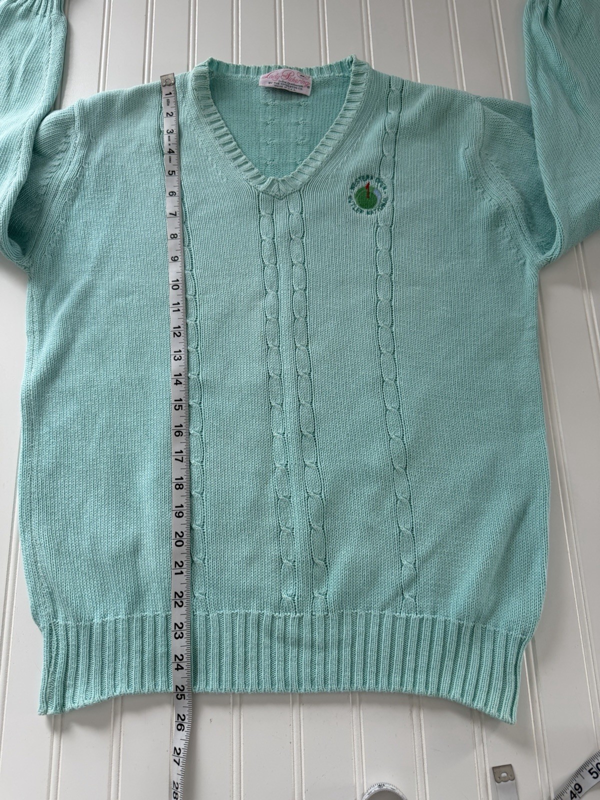 Vintage Golf Cable Knit V-Neck Sweater Aqua Blue Women XL Lady Pickering