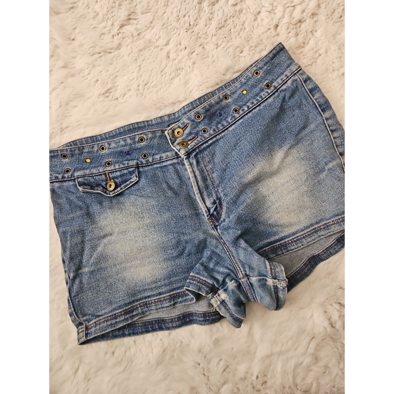 Vintage Route 66 Y2K Low Rise Denim Shorts Grommet Studded Grunge Gorpcore 16