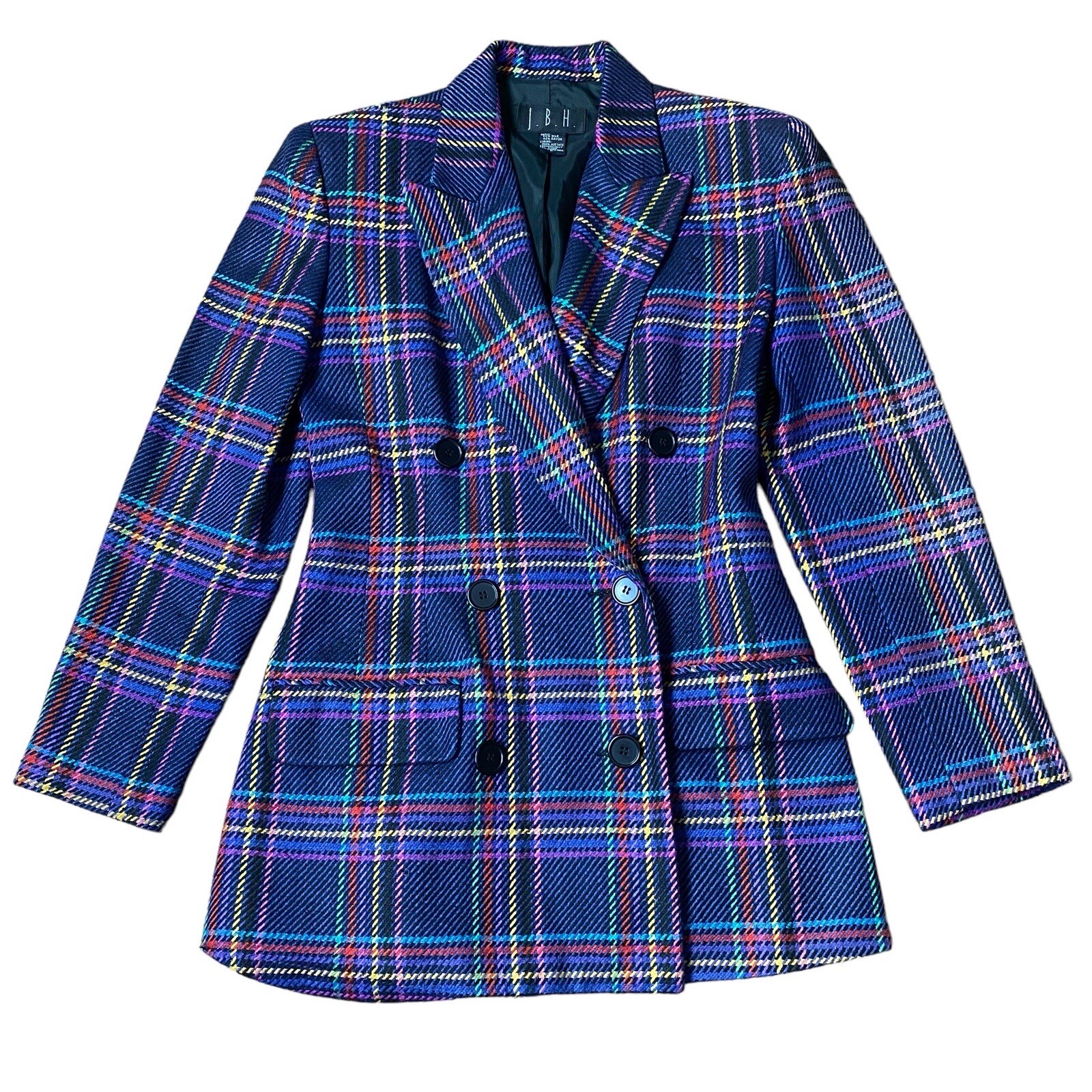 Vintage JBH Double Breasted Blazer Women XS Multicolor Plaid Silk Blend Academia