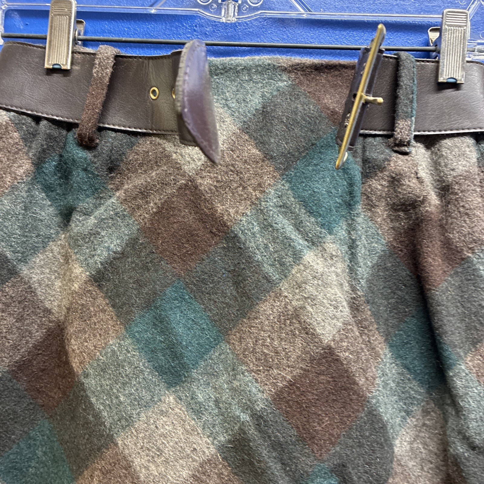 Vintage 1970s Women’s Brown and Blue Wool Plaid Skirt with Brown Belt