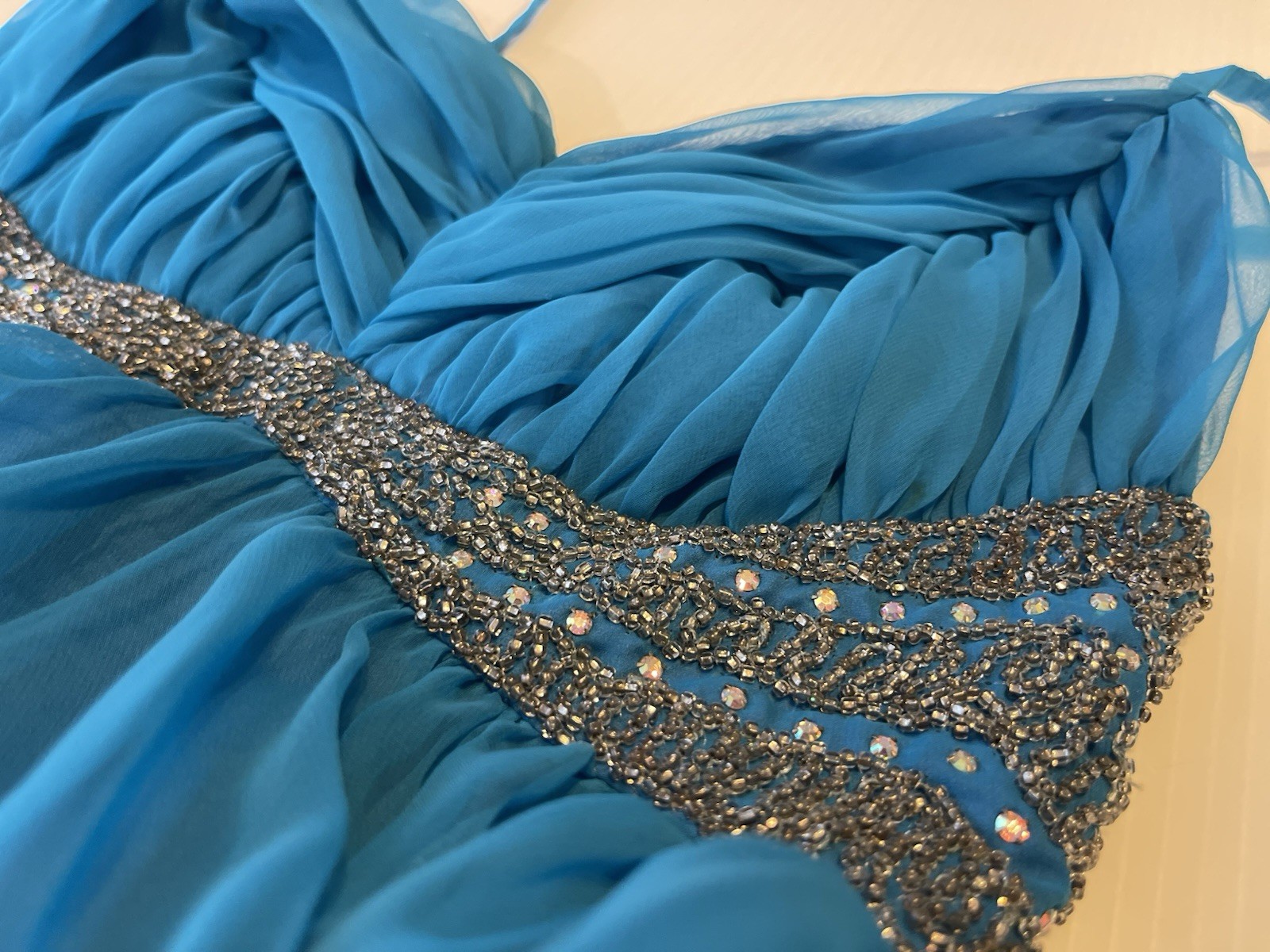 Vintage Ball Gown 1970s Mike Benet Blue Dress White Silver Beads Sequins Chiffon