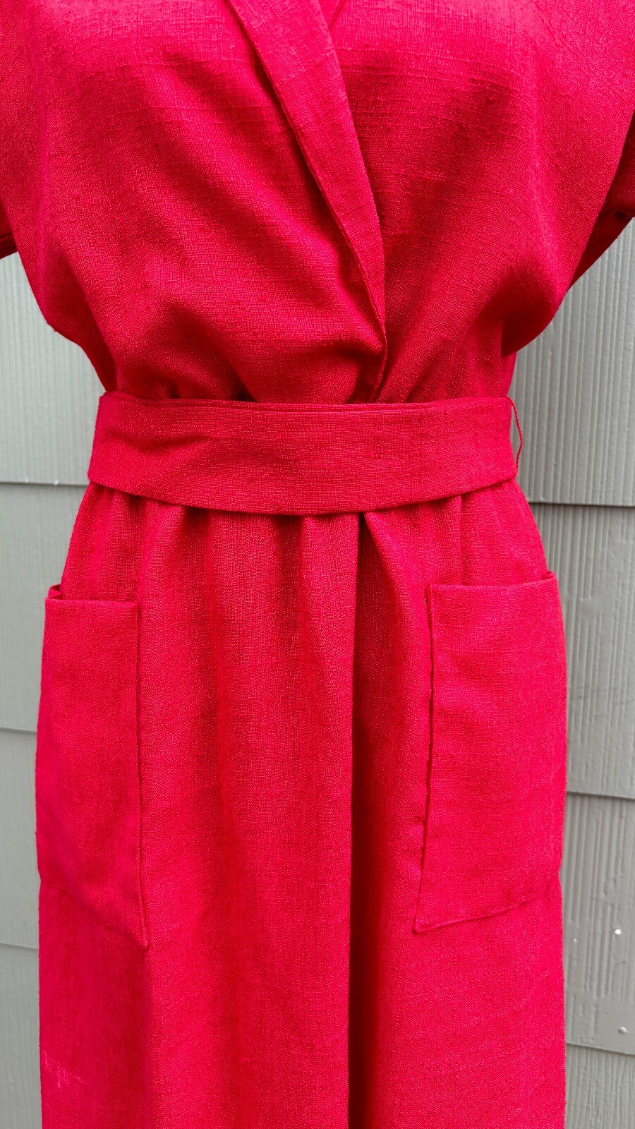 vtg LISA PETITES 70s Disco Casual Red Woven Knit Linen Belted Wrap A-Line Dress