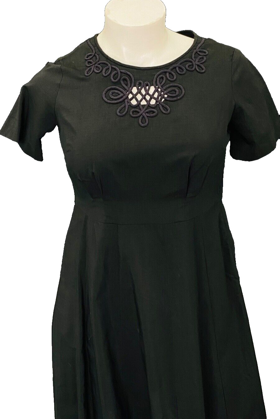 Vintage 1960s black dress, short sleeve cotton rayon 1950s keyhole summer L