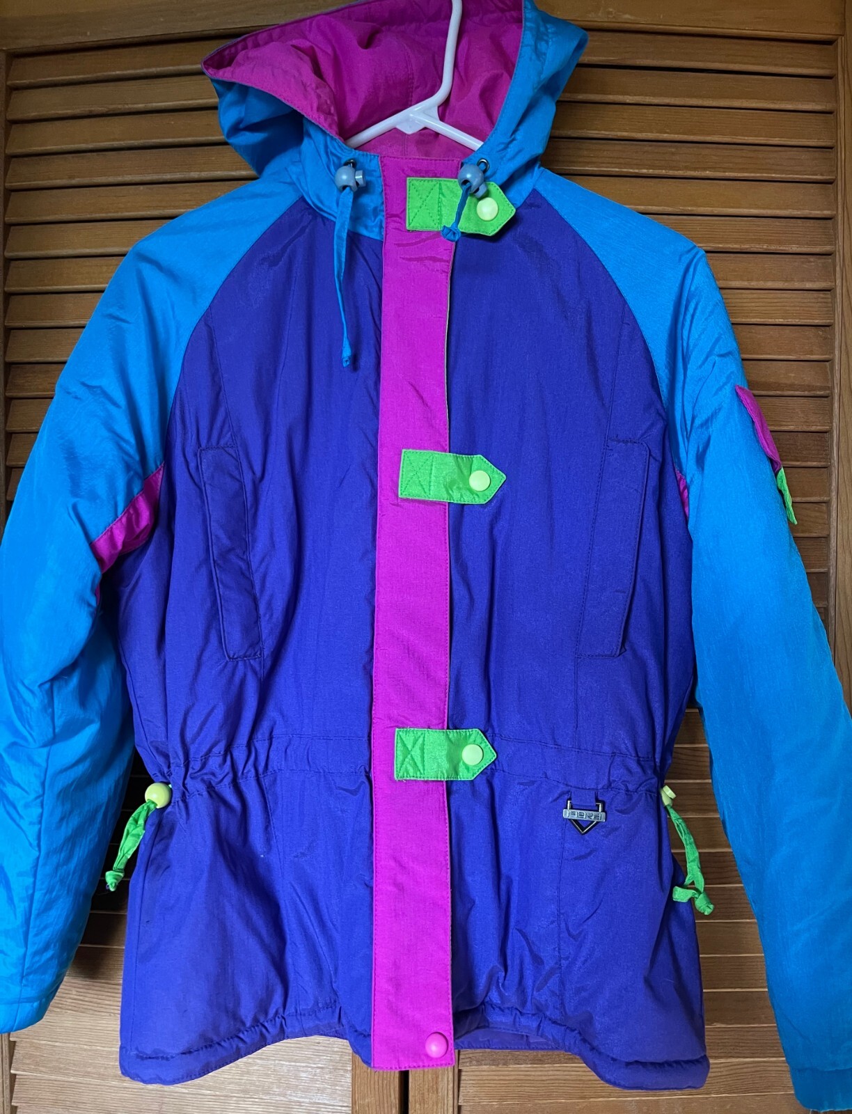 VINTAGE FERA SKIWEAR SKI JACKET HOOD, WOMEN’S S JR’S XL COLORBLOCK DAY GLO, EUC