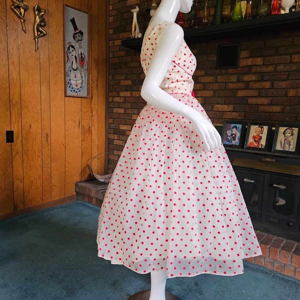 Vintage 50s Flocked Cherry Red Polka Dot Organza Shelf Bust Prom Wedding Dress S