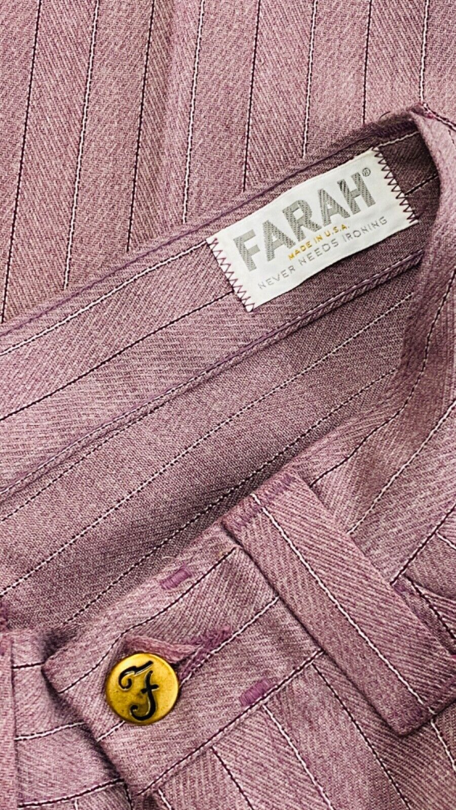 Vintage 1970s purple striped pants, straight leg slacks pleated Farah XS pink