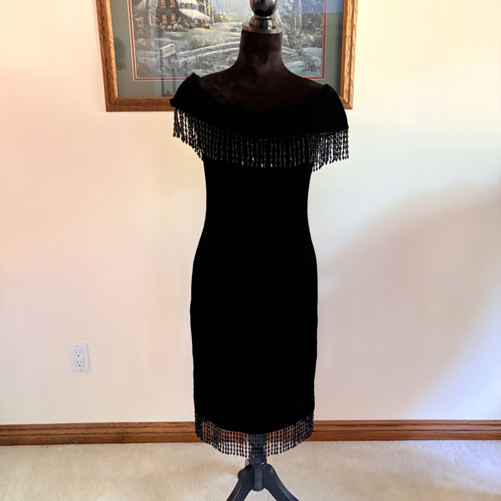Victor Costa Velvet Beaded Fringe Dress Womens S Black Off Shoulder Cocktail 80s