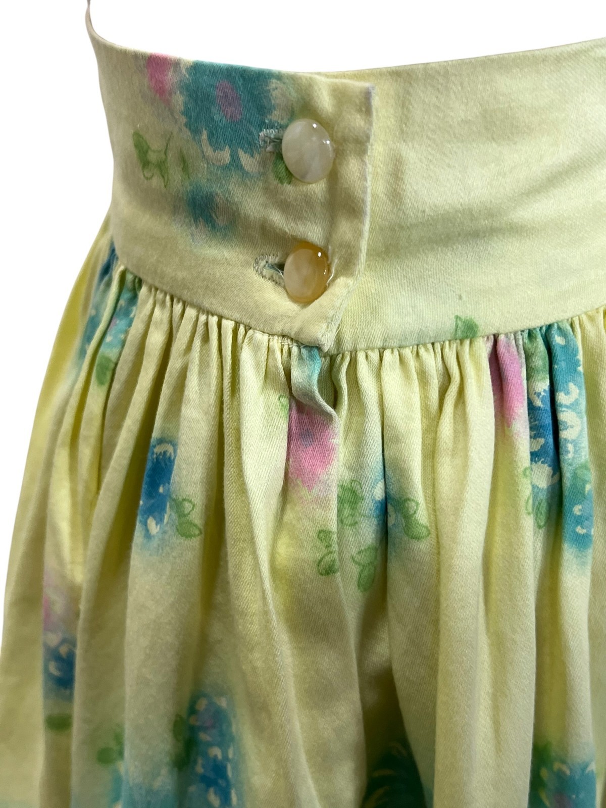 Vtg 60s SKIRT Sz XS~S 24″ W+ Cotton Skirt Yellow Aqua Polished Cotton Floral