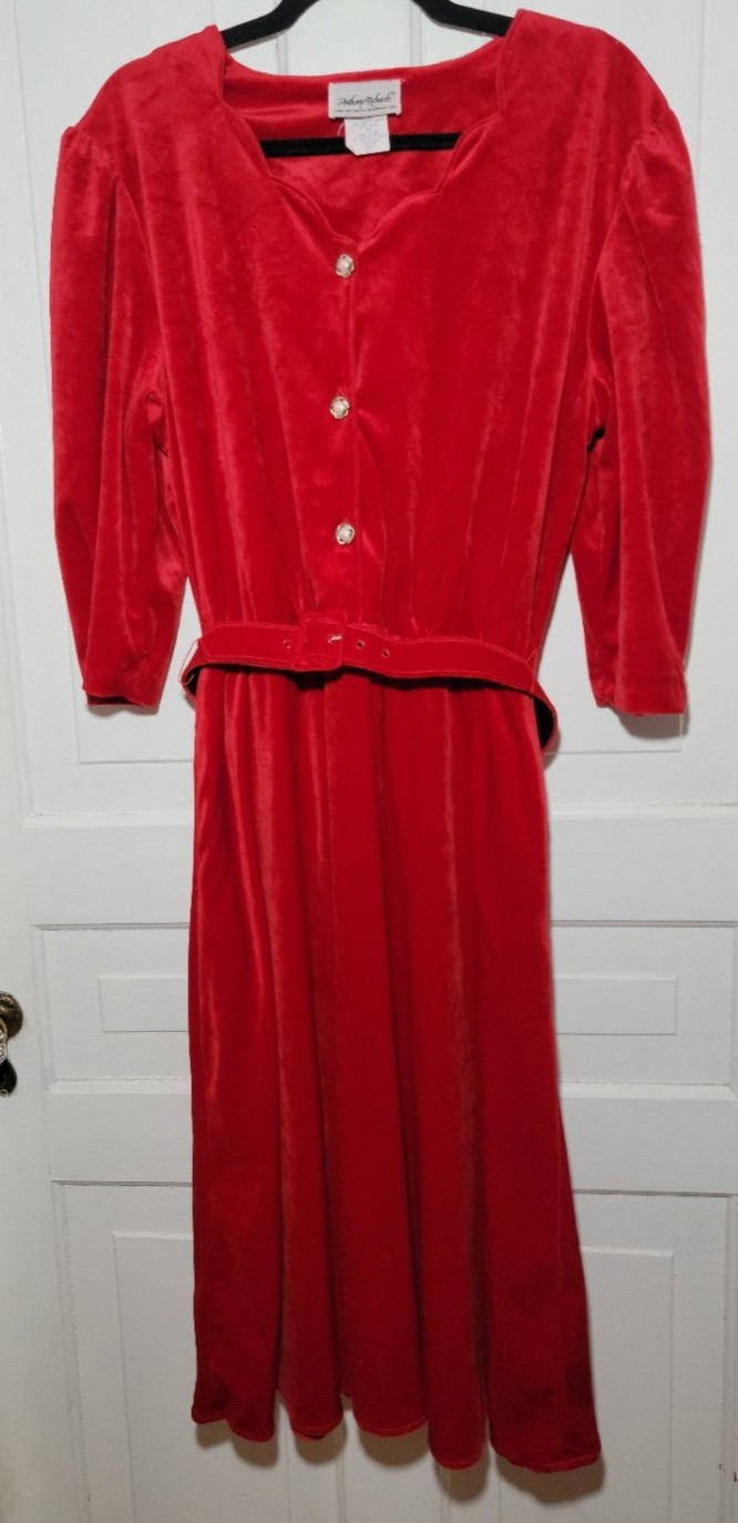 Y2K VTG Red Velour Midi Dress Belted Pockets Scalloped Neck Size 16 Button Front
