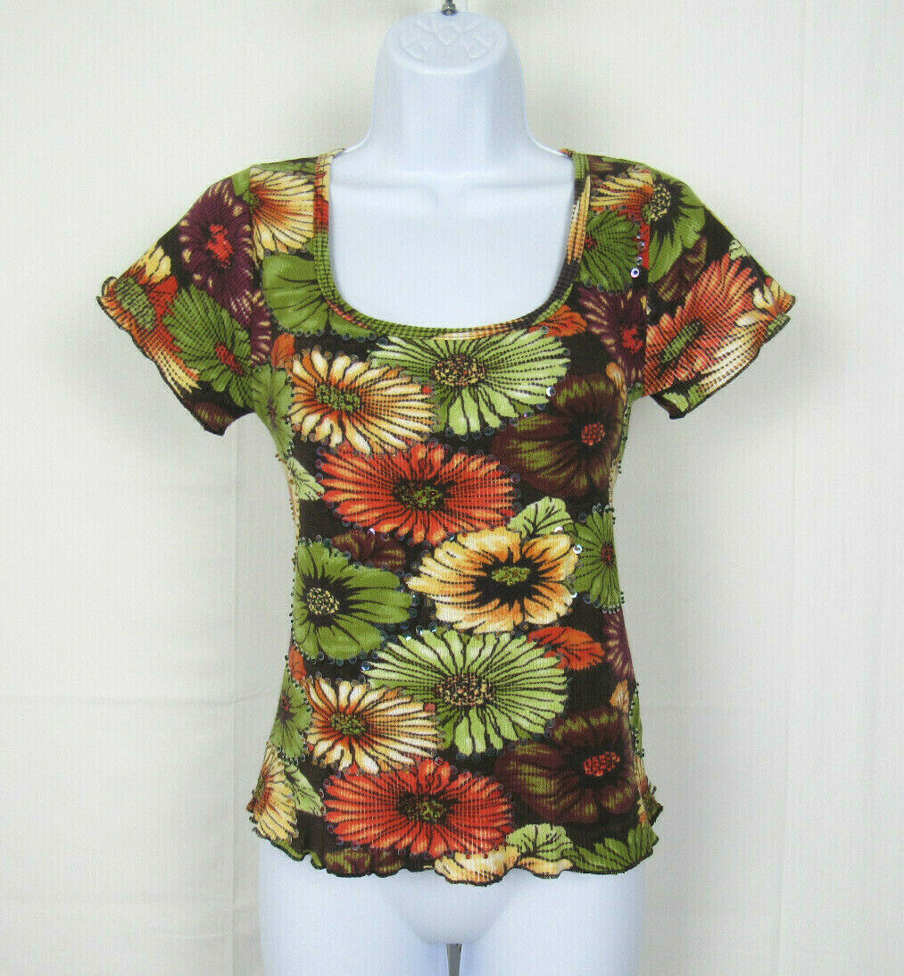 VTG 1960s 70s MOD SAKS FIFTH AVENUE FLORAL SEQUIN BEADED TOP MEDIUM COTTON POLY