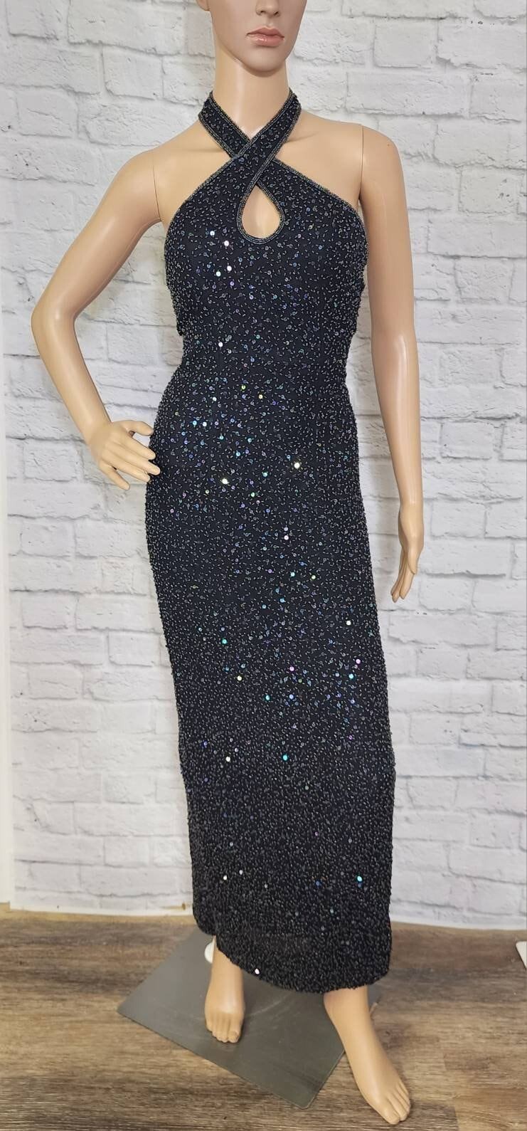 Vintage 90s keyhole halter Gown black Beading Column Evening Formal Size XS