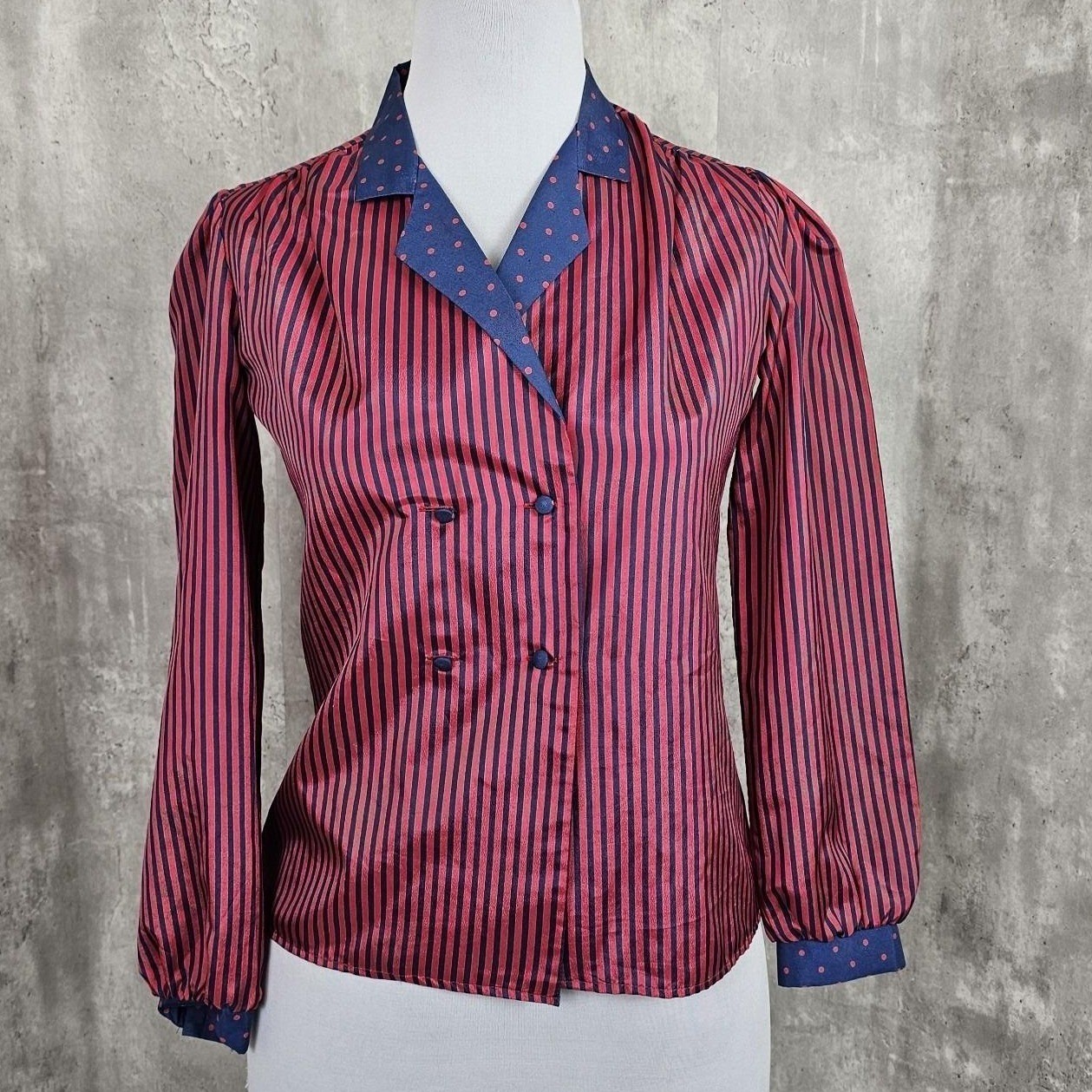 Vintage 80s Lecomte Womens M Red Navy Striped Dbl Breasted Silky Poly Blouse