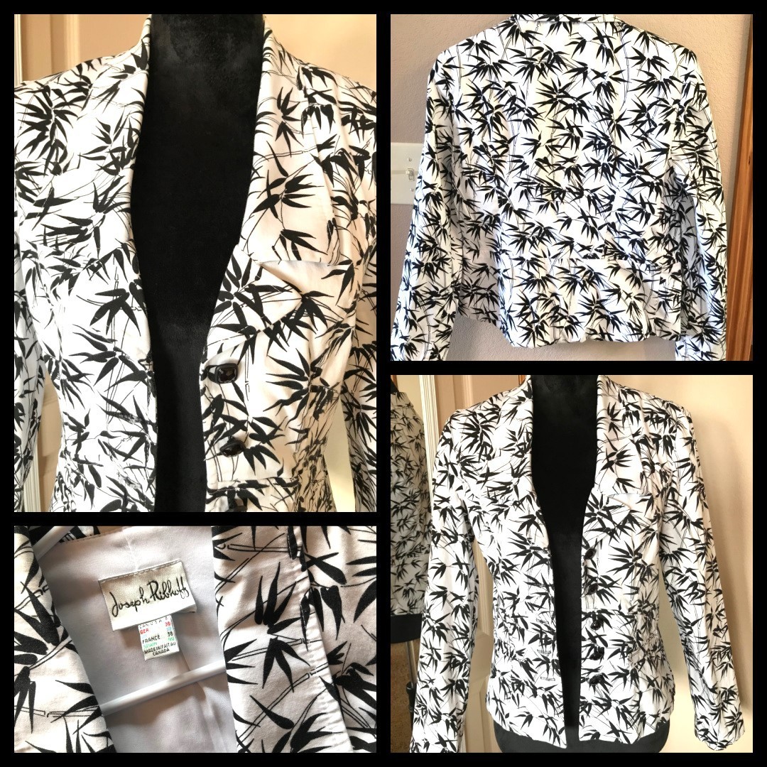 VTG 80s Joseph Ribkoff Blazer Button-Down Jacket, Black White Fern Print Size 8
