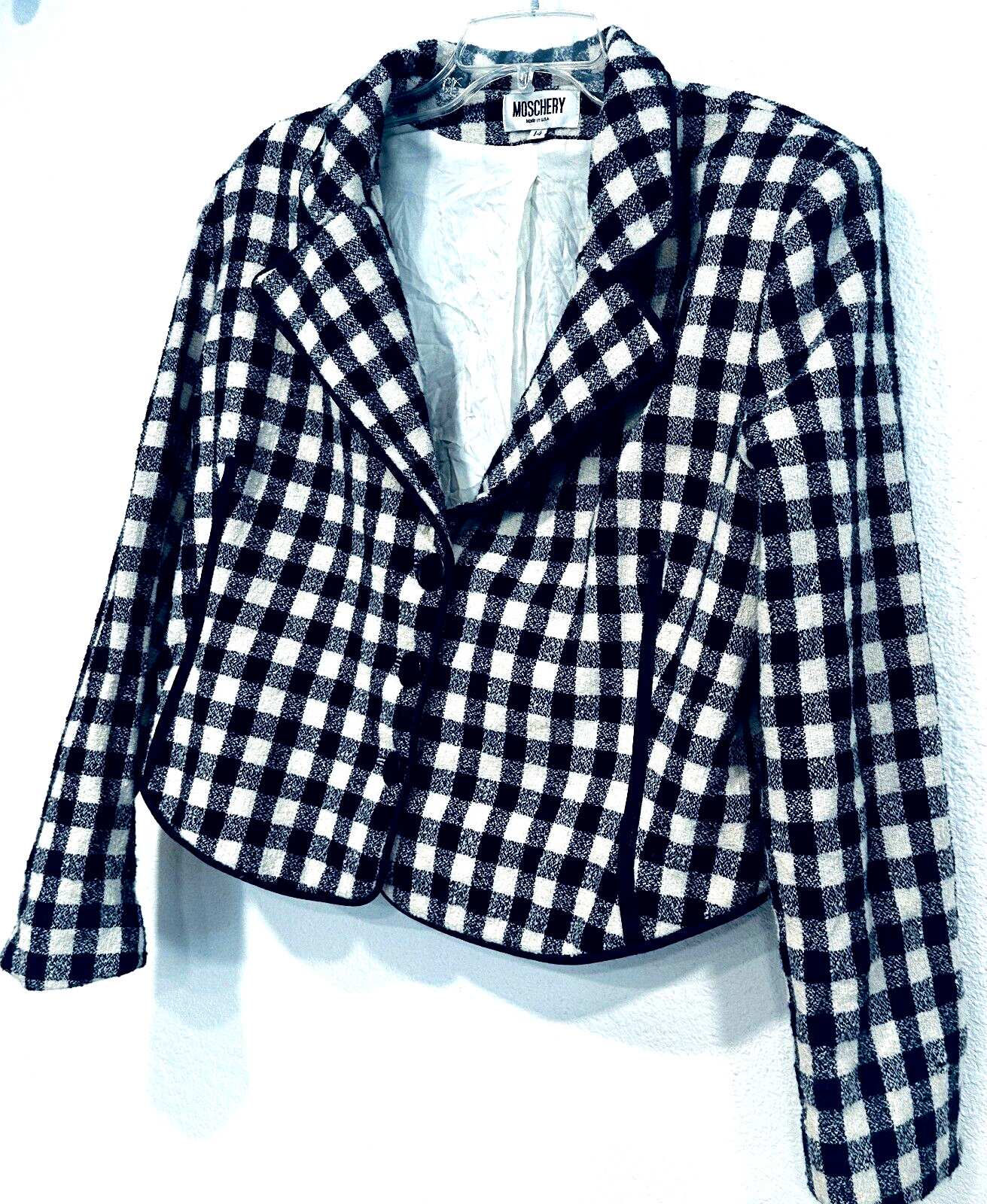 Vintage Moschery Wool Blazer Jacket Navy Blue / White Plaid Made in USA Size 14
