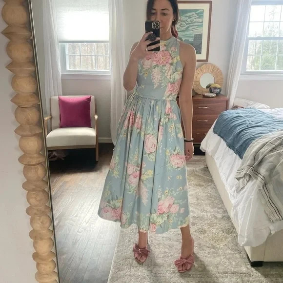 Vtg Banana Republic Sun Dress 4 Cotton Midi 70-80s Floral Garden Rose