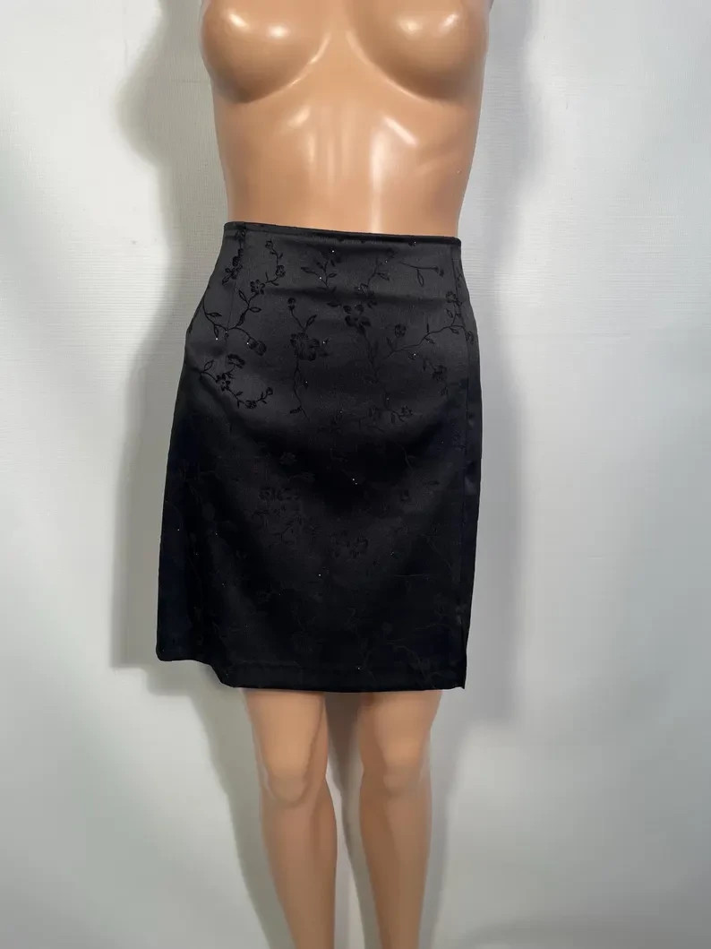 90s Black Satin 3 Piece With Flocked Velvet Glitter Floral Size 11/12 M 30/31 W