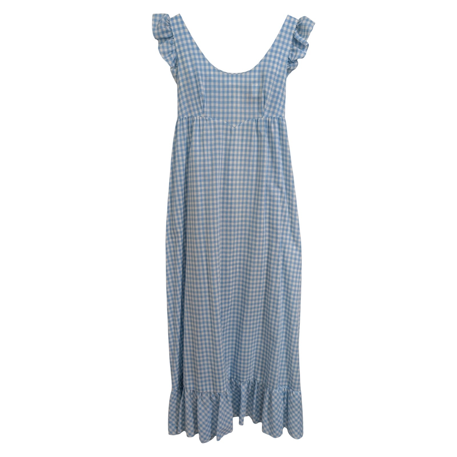 Vtg 70s Joy Stevens Blue Gingham Ruffle Maxi Dress Cottagecore Prairie Small