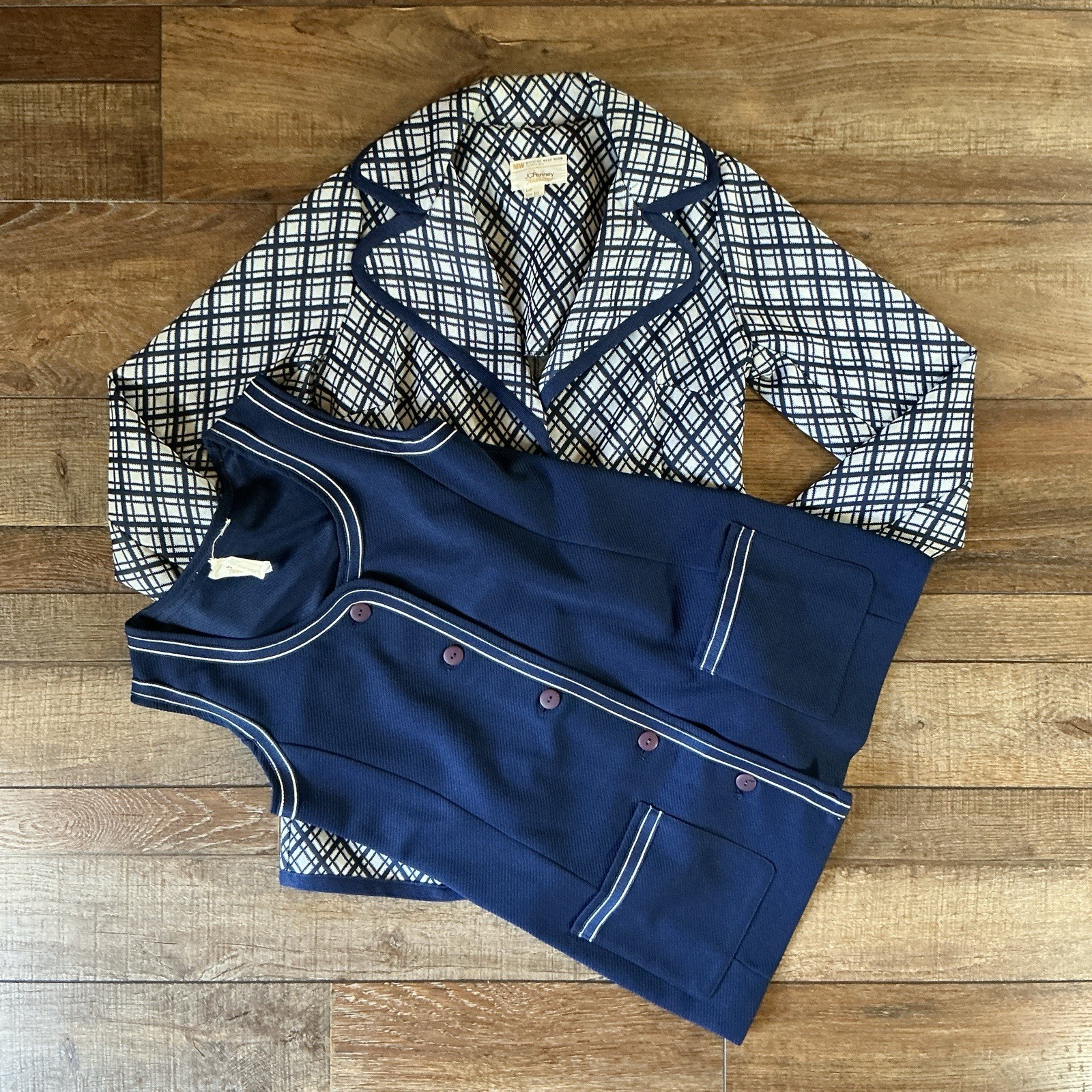 Vintage JCPenney Fashions 2-Pc Set Plaid Jacket & Navy Vest Dress Size 10 #63F4