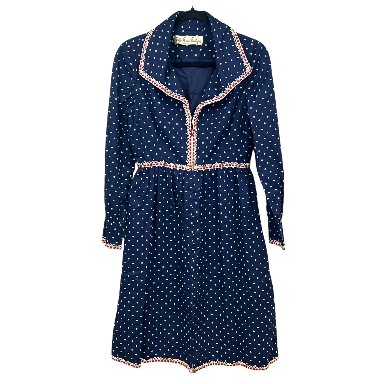 Vtg 70’s Mollie Parnis Boutique Womens Dress Polka Dot Pleated Skirt Blue Sz M*