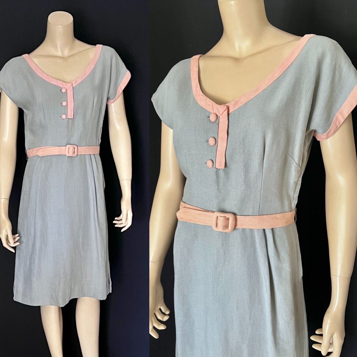 Crisp Tailored 1950s Linen Summer Frock, Pale Blue Grey, Pink, Sm – Medium