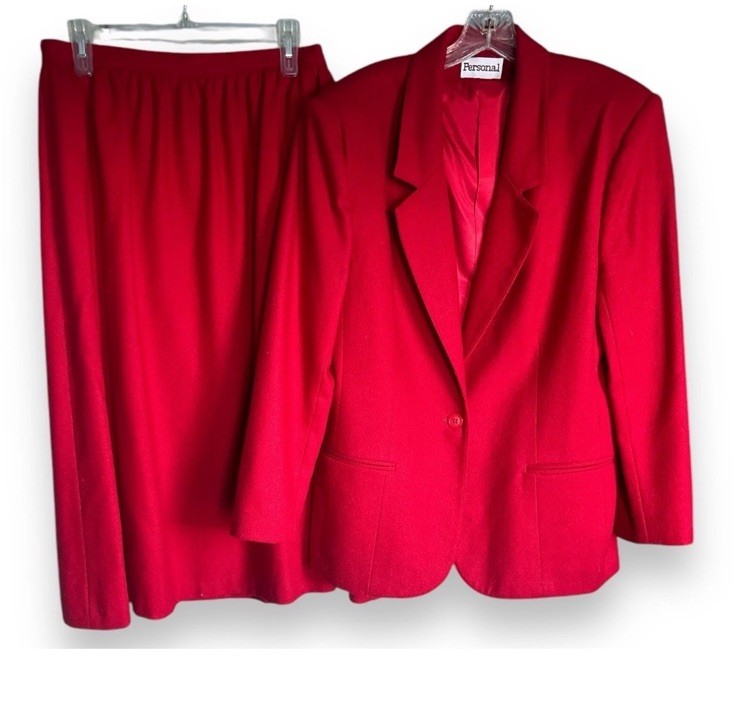 Vintage Red 100% Wool Power Suit Women Size 14 Blazer Skirt Set Office Core 80s