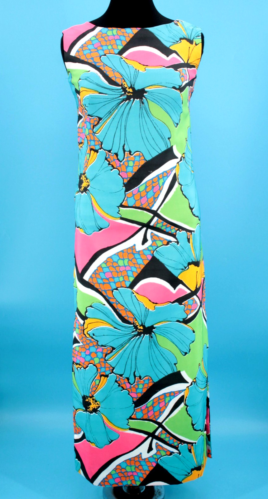 VTG Women’s 60s Colorful Psychedelic Floral & Fish Scale Sheath Dress Sz M 1960s