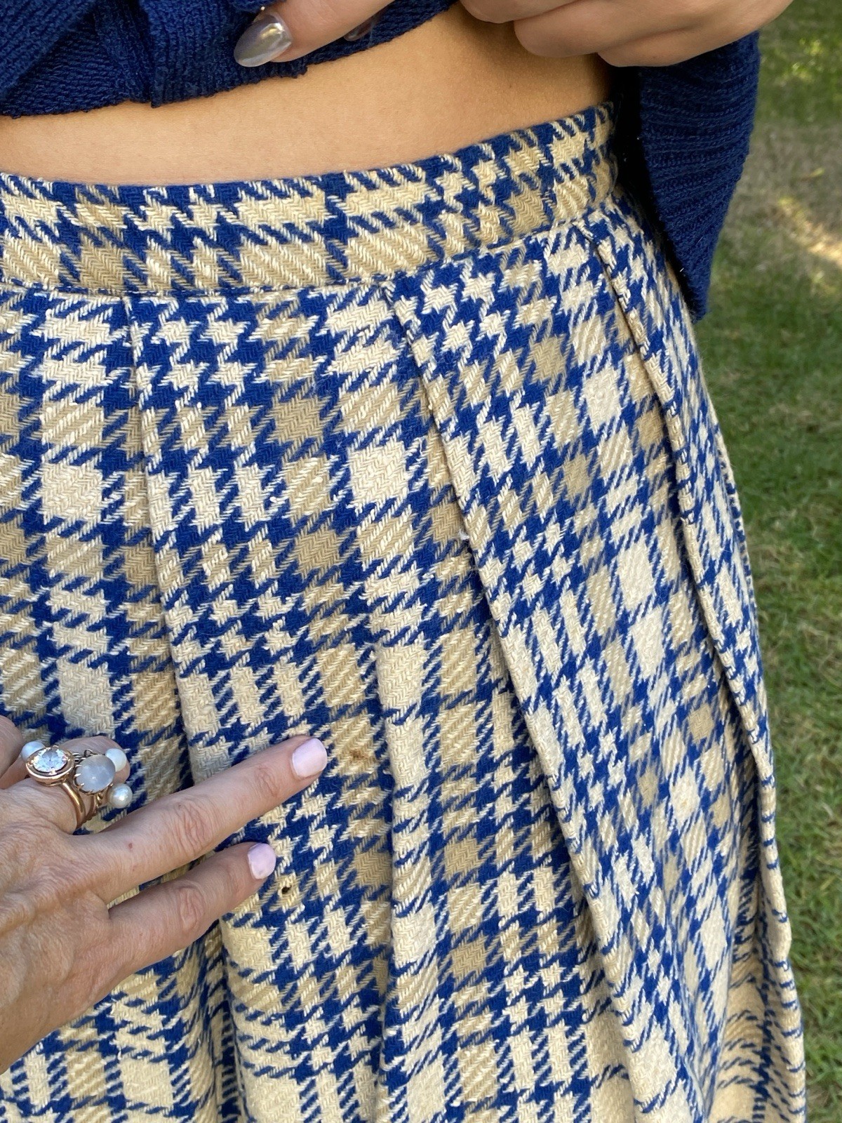 Vintage Handmade 50s S 100% Wool Pleated Full Skirt Blue Ivory Plaid