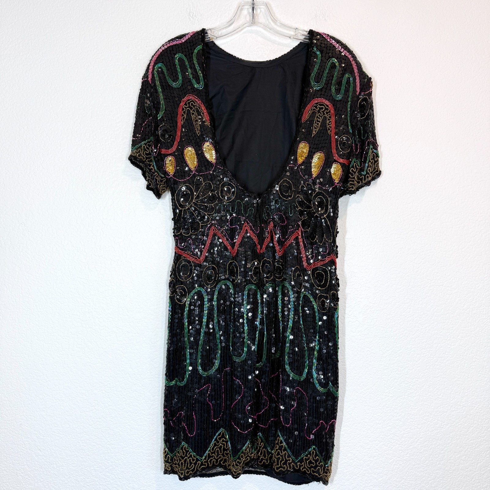Vintage Sequin Beaded Dress Medium Silk Black 80s Backless Cocktail Party