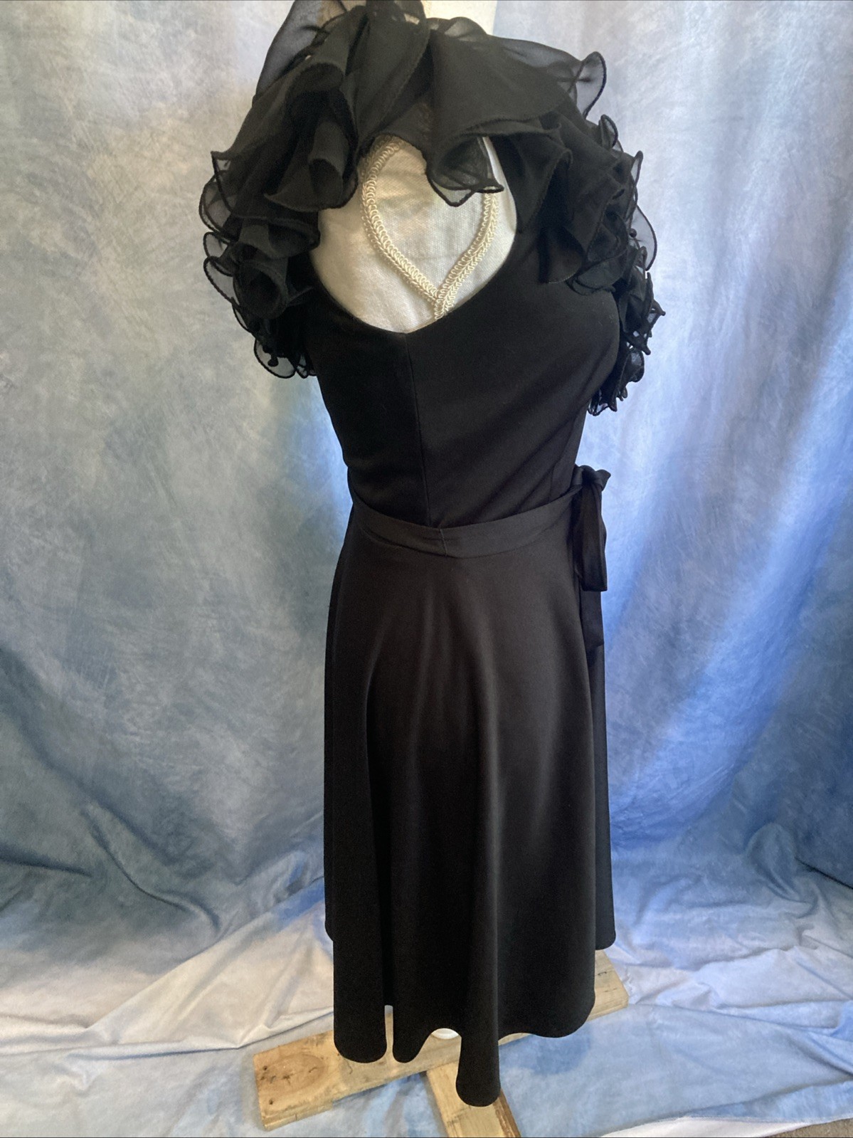 Vtg 70s Black Sheer Ruffled Party Dress XS Lightweight Polyester ILGWU Union Tag