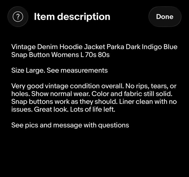 Vintage Denim Hoodie Jacket Parka Dark Indigo Blue Snap Button Womens L 70s 80s