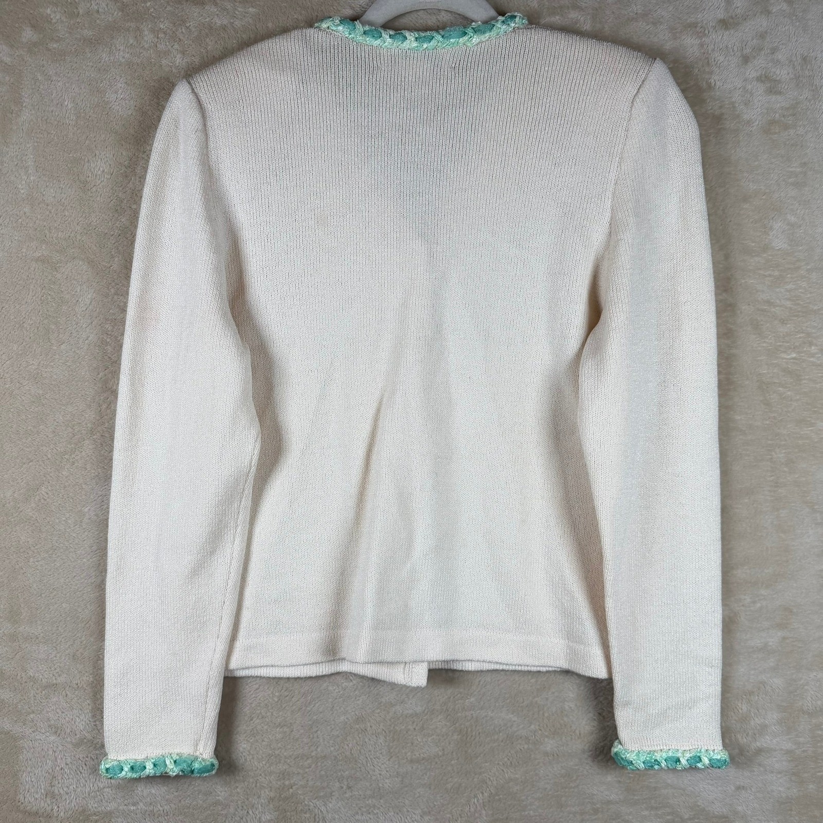 J.S.S. Vintage Women Wool Viscose Knit 2 Piece Cardigan Skirt Set Cream Green