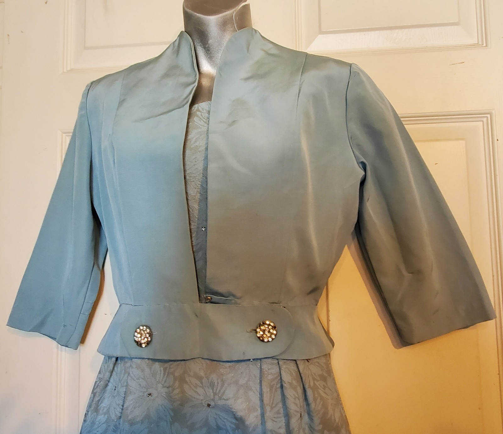 Vintage 50s Blue Silver Dress Matching Jacket Misses by Martha Manning B38 2 Pc.