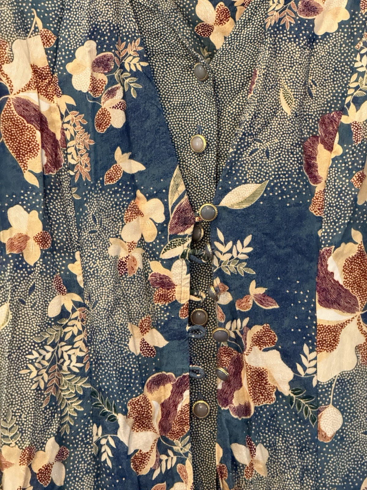 Betty Barclay Vintage Floral Maxi Cottage Button Dress Size 14 Tan blue Classy
