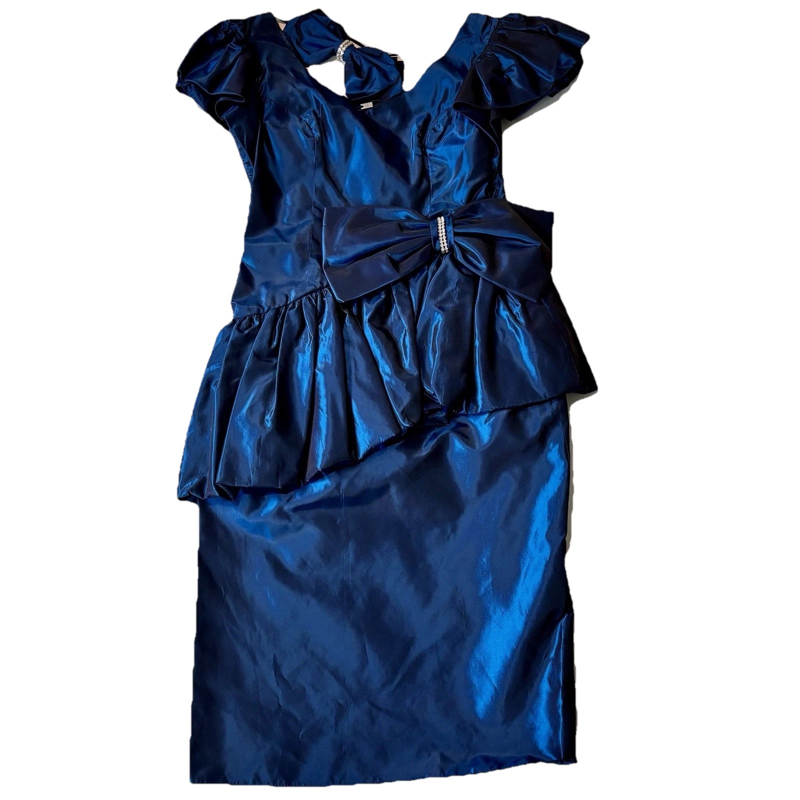 VTG 1980s Waist 28 Inch blue taffeta formal gown peplum Hair bow Union