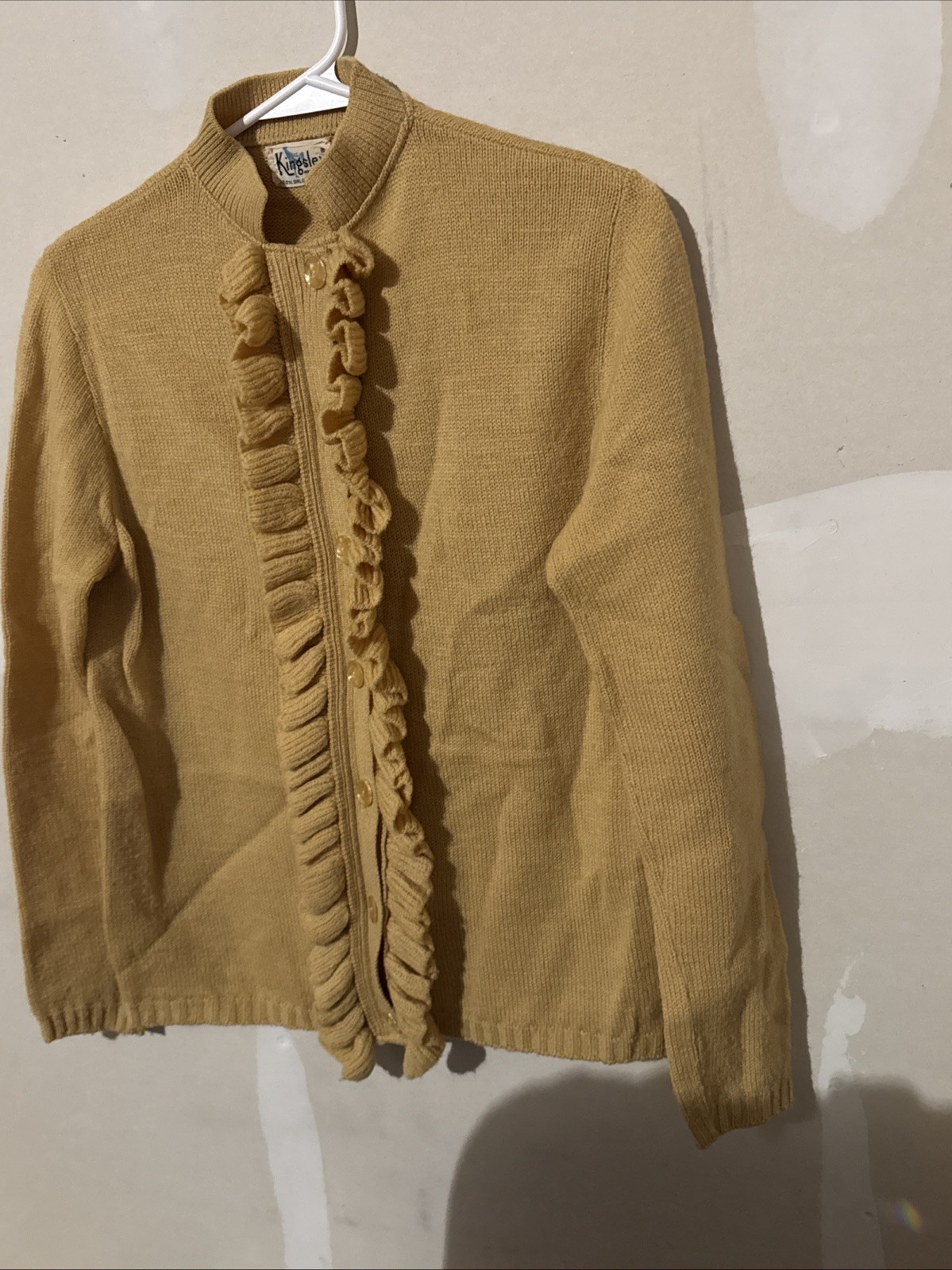 Vintage 1970’d Kingsley Ruffled Cardigan Sweater Camel Colored
