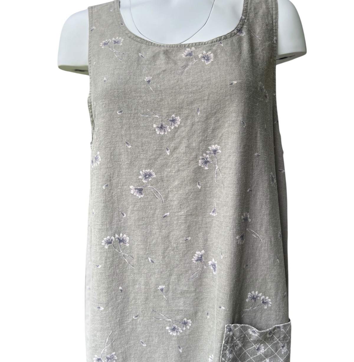 Vtg Erika Cottagecore Midi Dress Womens L Beige Floral Linen Blend Sleeveless