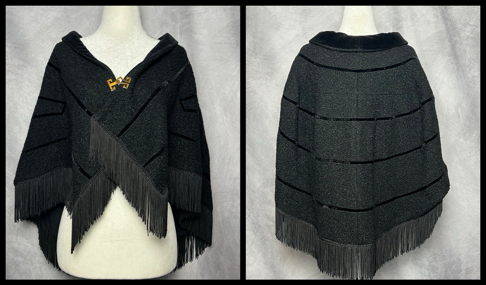 Vintage 1950s Juliette’s San Francisco Black Bouclé Wool Velvet Cape Shawl